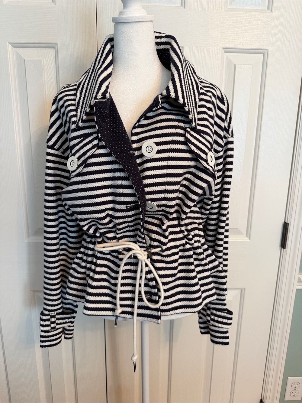 CAbi Black & White Striped Drawstring Utility Jacket